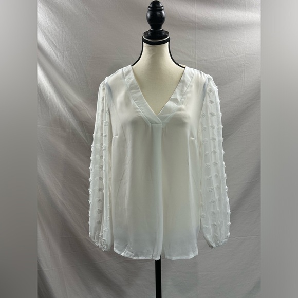 White Chiffon Swiss Dot Lantern Sleeve V-Neck Shirt - Picture 6 of 8